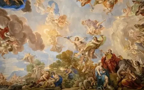 Barokowy fresk na suficie ukazuje niebiańską scenę z postaciami mitologicznymi, aniołami i chmurami, pełną dynamiki i przepychu.