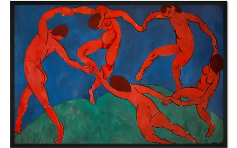 Henri Matisse Taniec: Pięć czerwonych postaci w dynamicznym kręgu, trzymających się za ręce na tle błękitnego nieba i zielonej ziemi.