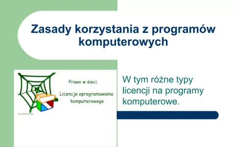 Grafika przedstawia zasady korzystania z programów komputerowych, w tym prawo w sieci i różne typy licencji.