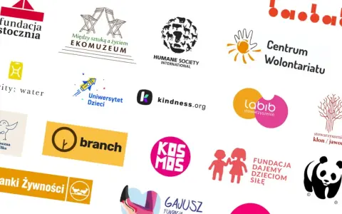 Zbiór różnorodnych logotypów organizacji pozarządowych i charytatywnych, m.in. Fundacja Stocznia, Centrum Wolontariatu, WWF.