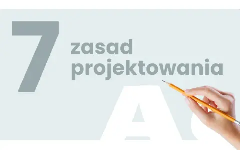 7 zasad projektowania graficznego. Dłoń z ołówkiem wskazuje na tekst, sugerując proces twórczy.