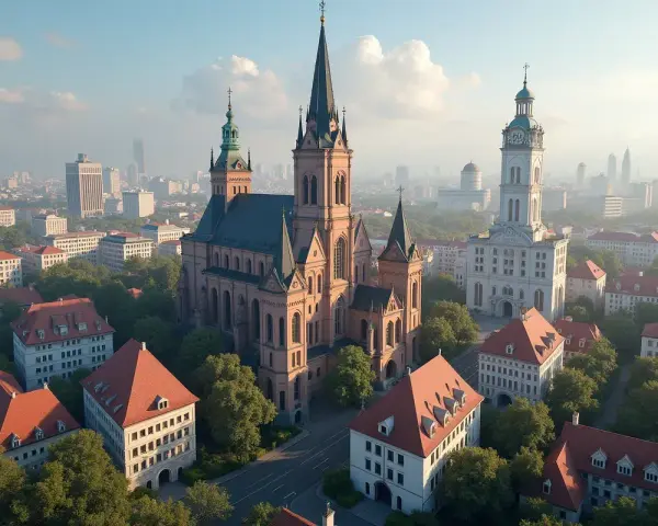Imponująca katedra i wieża ratuszowa, otoczone kamienicami z czerwonymi dachami, tworzą malowniczy obraz polskiej architektury.