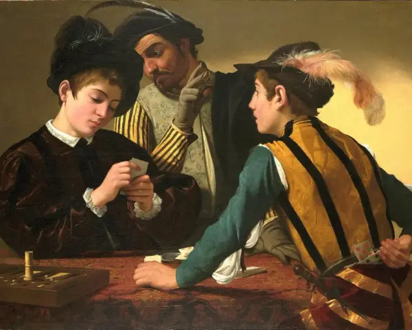 Mistrz Caravaggio uchwycił moment oszustwa przy grze w karty. Młody gracz z kartami w ręku, oszukuje, podczas gdy jego wspólnik obserwuje.