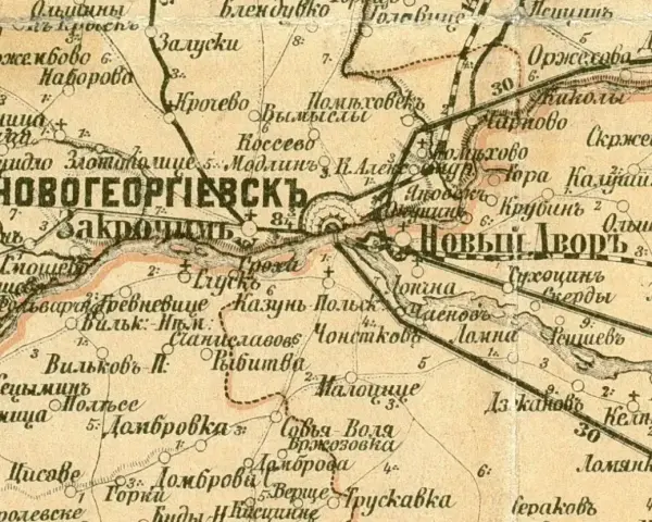 Mapa zaginione obrazy baza: Kr. Nowogeorgiewsk i Nowy Dwór. Widać nazwy miejscowości i rzeki.