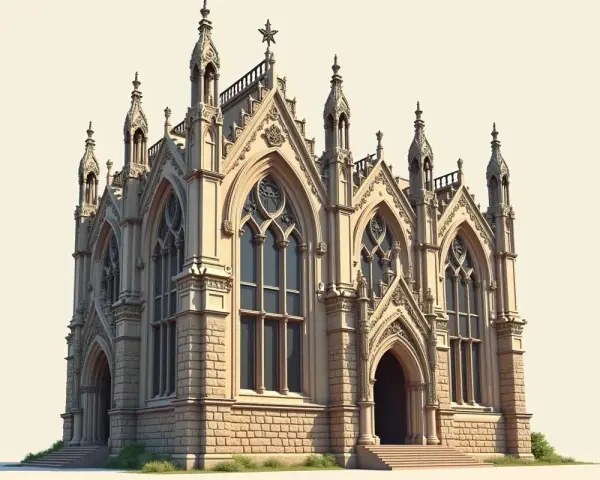 Kamienna budowla z licznymi wieżyczkami i ostrołukowymi oknami, uosabiająca romantyzm architektura.