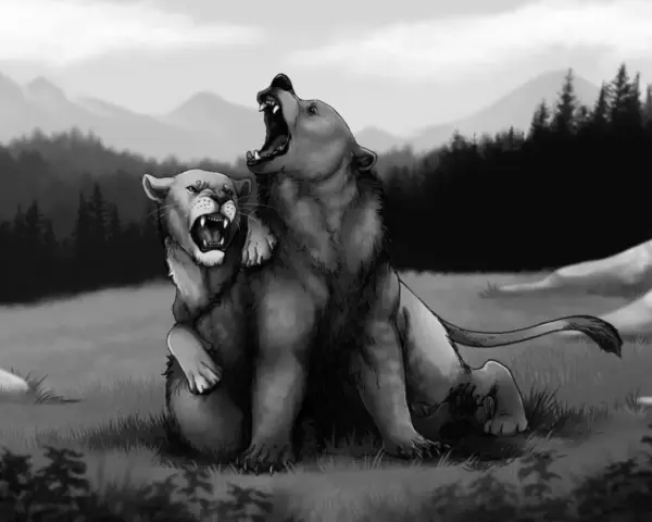Dwa mityczne stworzenia, lew i niedźwiedź (ursus), walczą na tle gór.