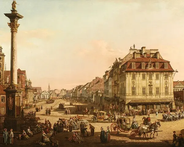 Widok Warszawy z kolumną Zygmunta, dzieło Bernardo zwanego Canaletto. Tętniący życiem plac z karocami i ludźmi.