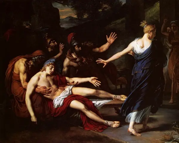Parys klęczy przy umierającym Parysie, podczas gdy Helena odwraca się od niego, otoczona przez żołnierzy.