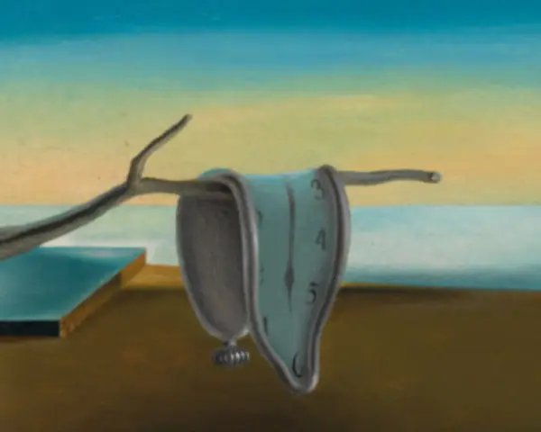 Surrealistyczne malarstwo pejzażowe: miękkie zegary topią się na gałęzi, symbolizując upływ czasu w pustynnym krajobrazie.
