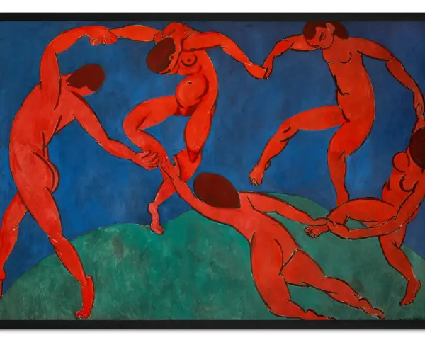 Henri Matisse Taniec: Pięć czerwonych postaci w dynamicznym kręgu, trzymających się za ręce na tle błękitnego nieba i zielonej ziemi.