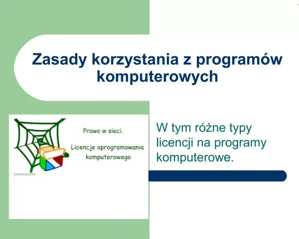Grafika przedstawia zasady korzystania z programów komputerowych, w tym prawo w sieci i różne typy licencji.