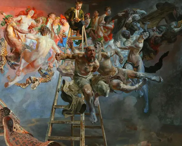 Jacek Malczewski najsłynniejsze obrazy: dramatyczna scena z drabiny, gdzie postacie walczą, uciekają i wznoszą się ku górze, symbolizując ludzkie dążenia.