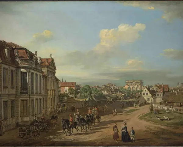 Obraz Canaletto Warszawa: ruchliwa ulica z powozami, ludźmi i zwierzętami na tle zabytkowej architektury.