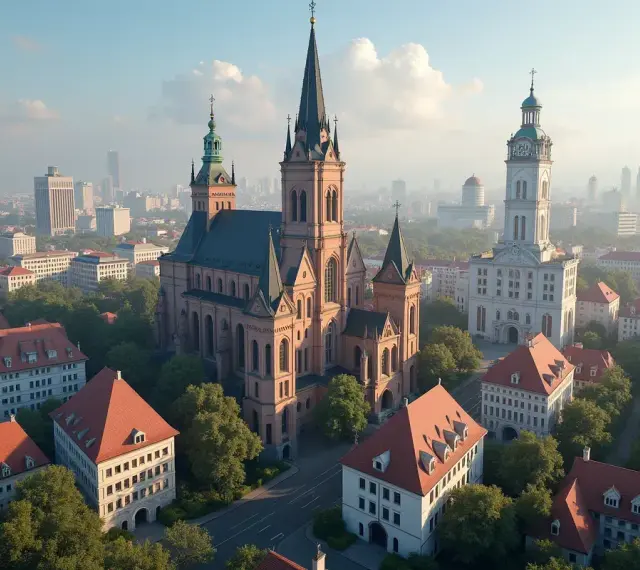 Imponująca katedra i wieża ratuszowa, otoczone kamienicami z czerwonymi dachami, tworzą malowniczy obraz polskiej architektury.