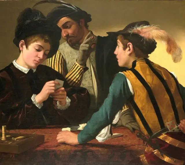 Mistrz Caravaggio uchwycił moment oszustwa przy grze w karty. Młody gracz z kartami w ręku, oszukuje, podczas gdy jego wspólnik obserwuje.