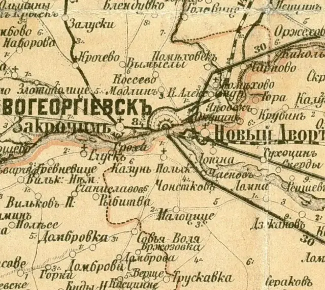 Mapa zaginione obrazy baza: Kr. Nowogeorgiewsk i Nowy Dwór. Widać nazwy miejscowości i rzeki.