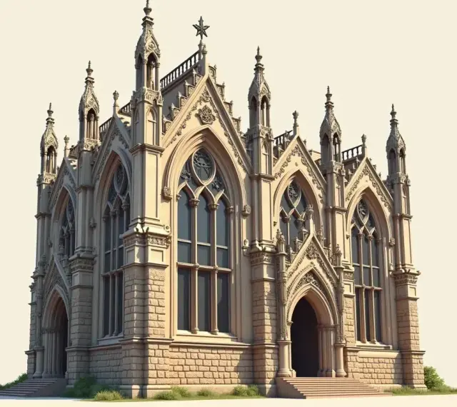 Kamienna budowla z licznymi wieżyczkami i ostrołukowymi oknami, uosabiająca romantyzm architektura.