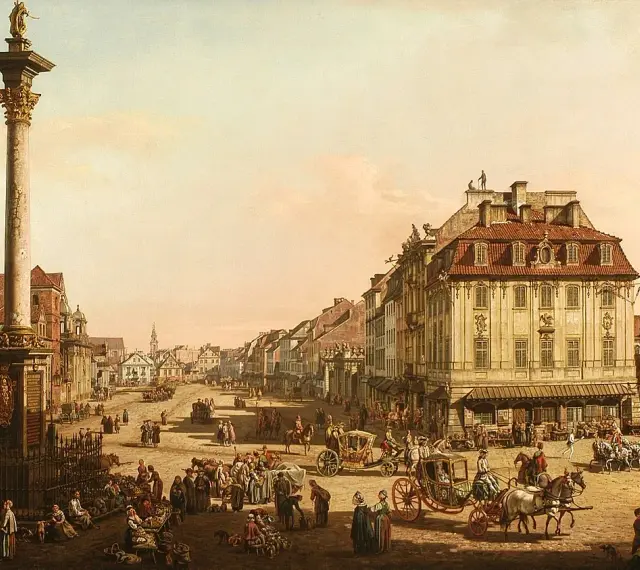 Widok Warszawy z kolumną Zygmunta, dzieło Bernardo zwanego Canaletto. Tętniący życiem plac z karocami i ludźmi.