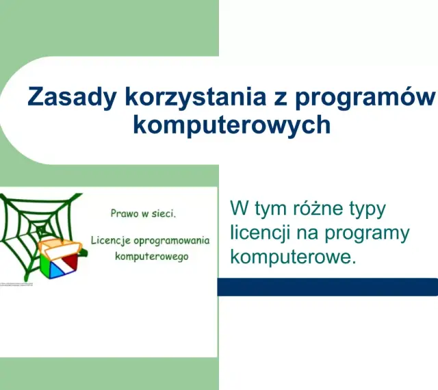 Grafika przedstawia zasady korzystania z programów komputerowych, w tym prawo w sieci i różne typy licencji.