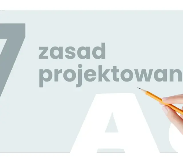 7 zasad projektowania graficznego. Dłoń z ołówkiem wskazuje na tekst, sugerując proces twórczy.