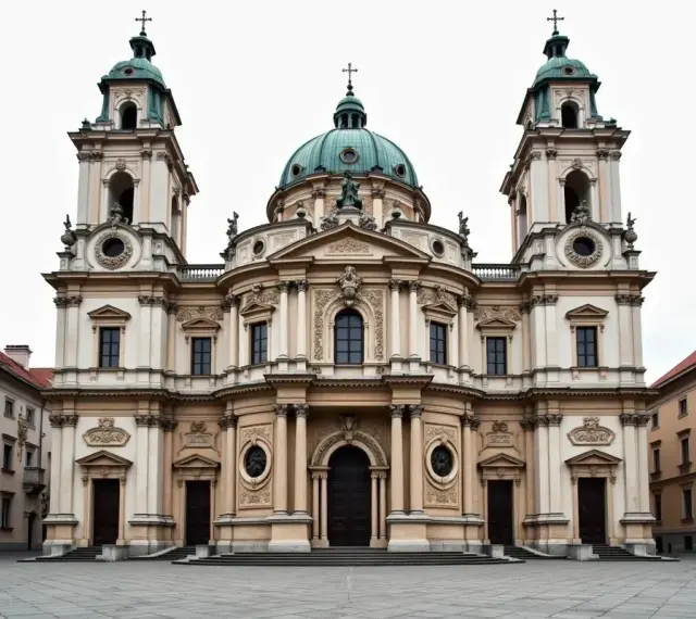 Monumentalna fasada kościoła, przykład barok w architekturze, z kopułą i dwiema wieżami.