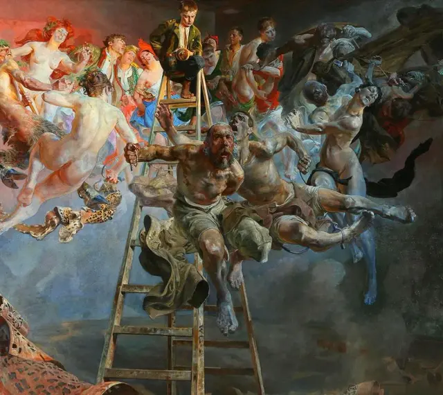 Jacek Malczewski najsłynniejsze obrazy: dramatyczna scena z drabiny, gdzie postacie walczą, uciekają i wznoszą się ku górze, symbolizując ludzkie dążenia.