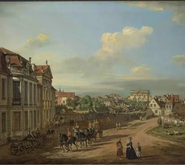 Obraz Canaletto Warszawa: ruchliwa ulica z powozami, ludźmi i zwierzętami na tle zabytkowej architektury.