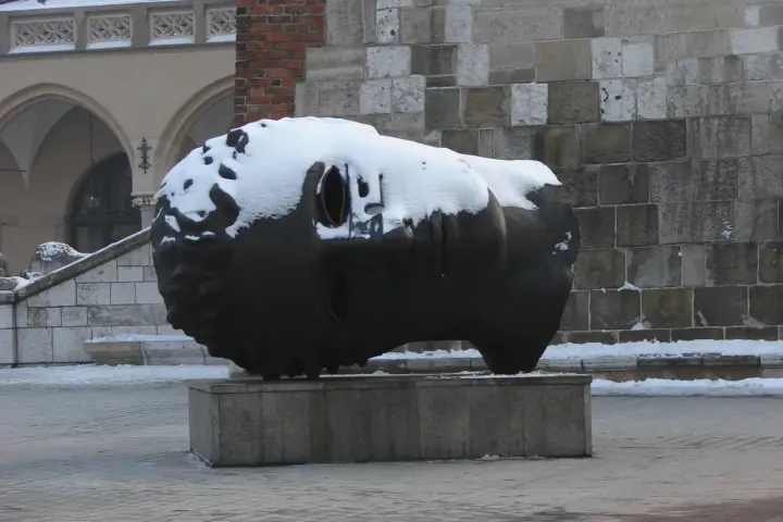 Duża, ciemna rzeźba głowy pokryta śniegiem, na tle kamiennej ściany i arkadowego budynku.