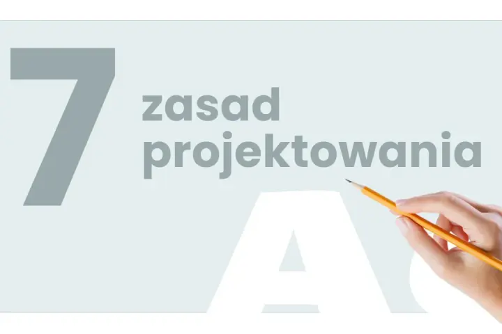 7 zasad projektowania graficznego. Dłoń z ołówkiem wskazuje na tekst, sugerując proces twórczy.