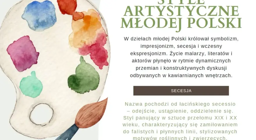 Paleta artysty z kolorami i pędzlem, symbolizująca sztukę młodej Polski.
