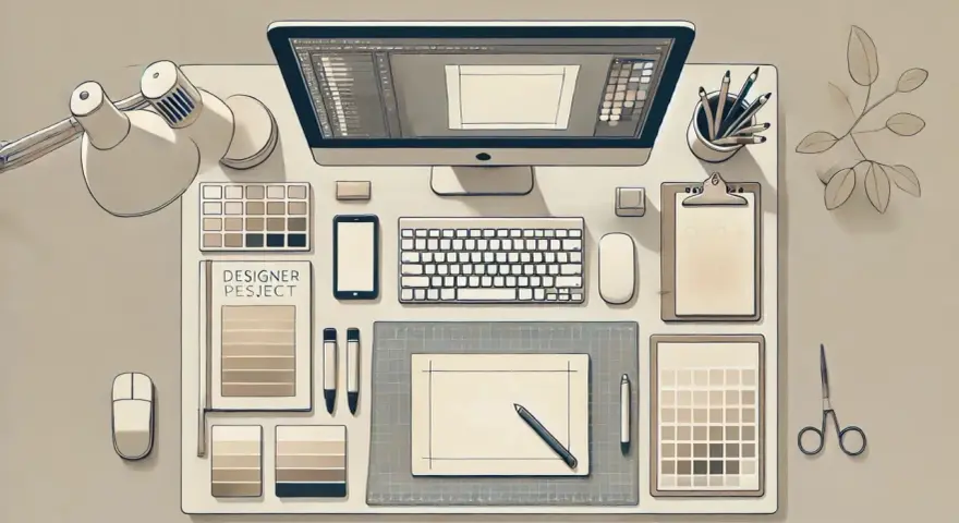 Biurko grafika: monitor, klawiatura, myszki, tablet graficzny, próbki kolorów, lampka. Idealne miejsce do pracy nad wzornictwem.