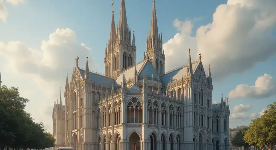 Majestatyczna katedra w stylu historyzm, z licznymi wieżyczkami i łukami, na tle błękitnego nieba z chmurami.