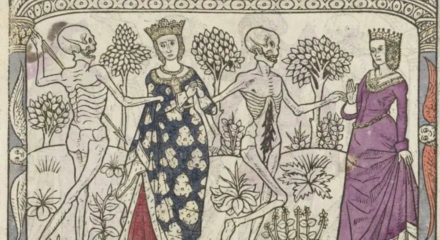 Taniec śmierci (danse macabre) z królową i szkieletem. Królowa w koronie i bogatej sukni tańczy ze szkieletem, który trzyma kosę.