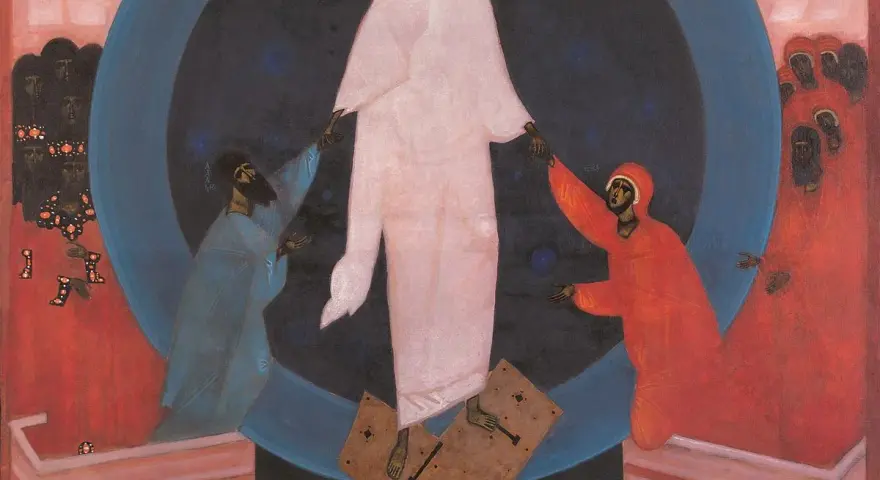 Jerzy Nowosielski najsłynniejsze dzieła: Chrystus w bieli, otoczony przez postaci w niebieskich i czerwonych szatach, na tle kosmicznego kręgu.