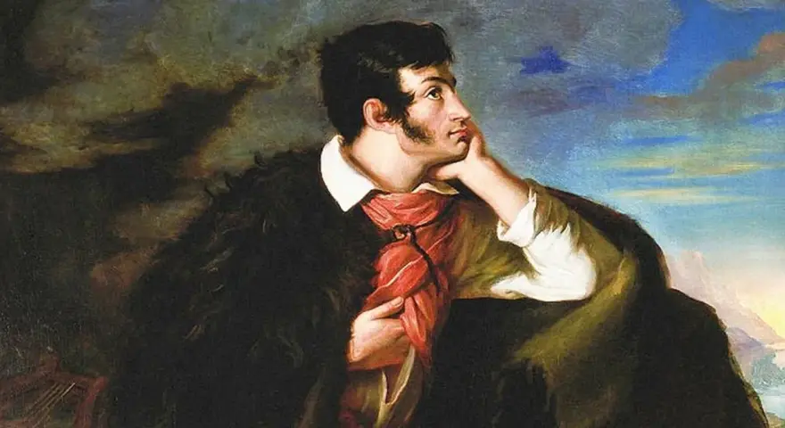 Portret młodego mężczyzny w czarnej, futrzanej narzucie i czerwonej chuście, symbolizujący romantyzm w Polsce.