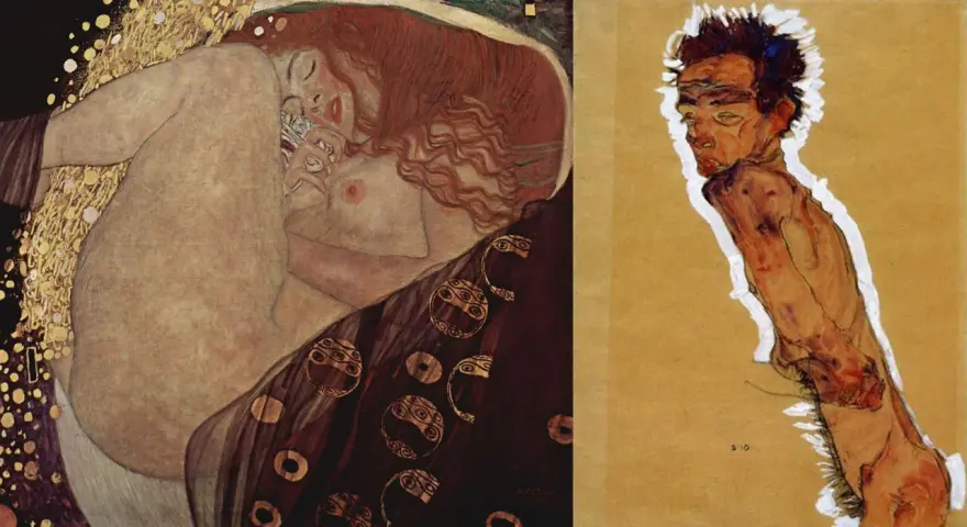 Dwie prace: "Pocałunek" Gustava Klimta, austriackiego malarza, i ekspresyjny portret mężczyzny autorstwa Egona Schiele.