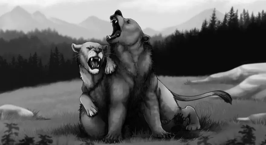 Dwa mityczne stworzenia, lew i niedźwiedź (ursus), walczą na tle gór.