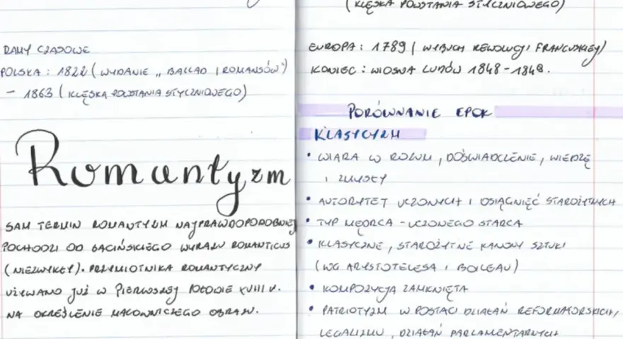 Ramy czasowe romantyzmu: Polska 1822-1863, Europa 1789-1848. Porównanie z klasycyzmem.