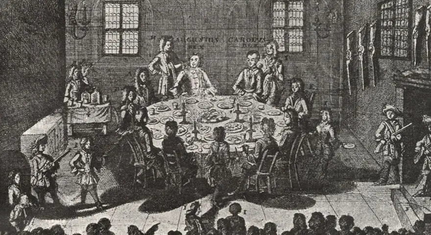 Uczta w sali, symbolizująca kulturę polskiego oświecenia. Ludzie przy stole, muzycy i widzowie tworzą atmosferę epoki.