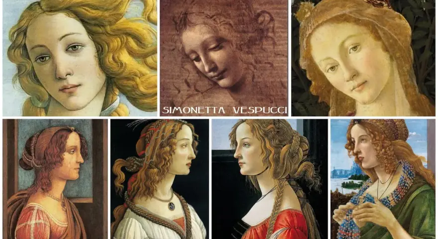 Portrety kobiet z epoki renesansu, być może inspirowane przez Medyceuszy. Widać tu różne ujęcia i stylizacje, z dominującymi blond włosami i delikatnymi rysami twarzy.
