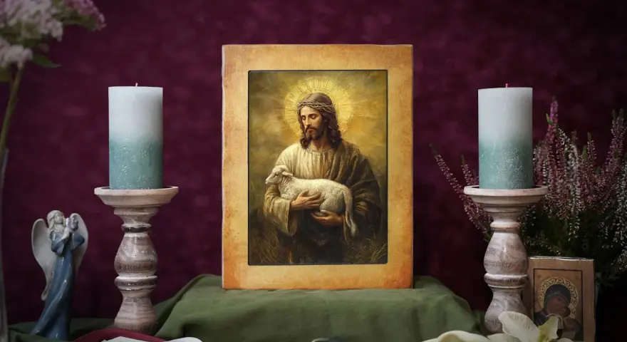 Obraz Jezusa z barankiem, symbol złota, otoczony świecami i kwiatami, tworzy atmosferę spokoju i wiary.