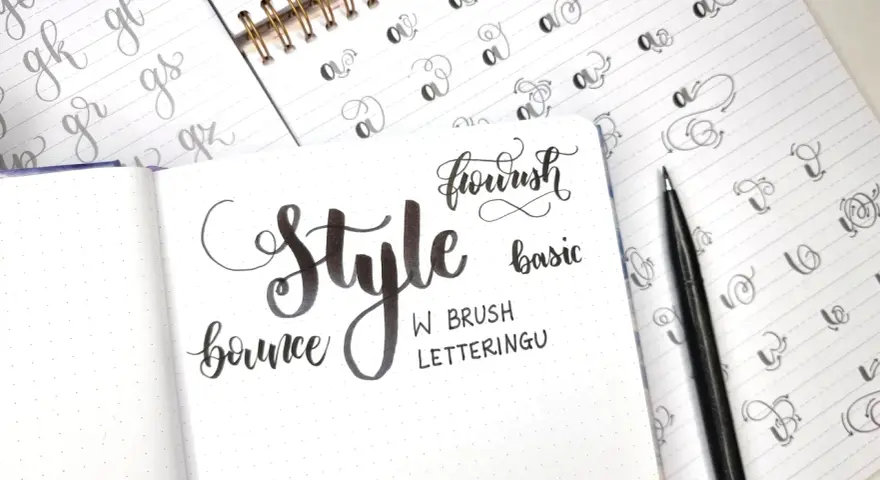 Ćwiczenia kaligraficzne: "Style", "bounce", "flourish", "basic" i litery w różnych wariantach kroju pisma.