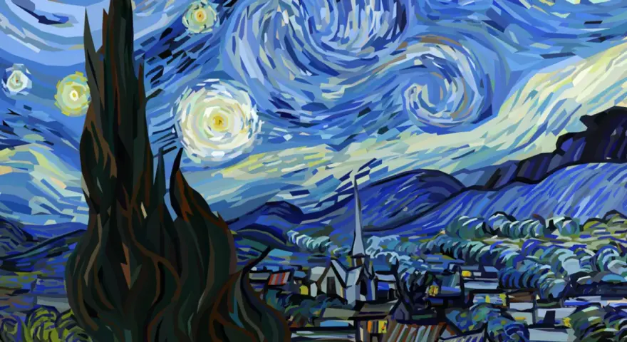 Gwiazda nocna Van Gogha, jeden z jego najsłynniejszych obrazów, ukazuje wirujące niebo nad spokojną wioską.