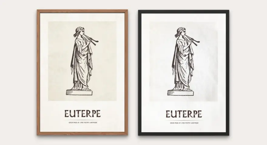 Dwie grafiki z Euterpe, muzą poezji lirycznej i muzyki, grającą na flecie. Jedna w drewnianej, druga w czarnej ramie.