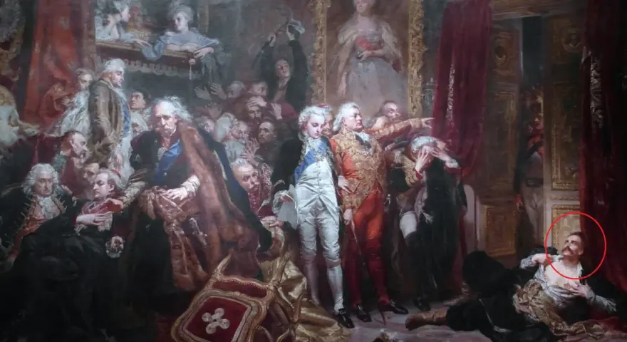 Tadeusz z obrazu Matejki, leżący na ziemi, z uniesioną głową i ręką na piersi, w otoczeniu innych postaci.
