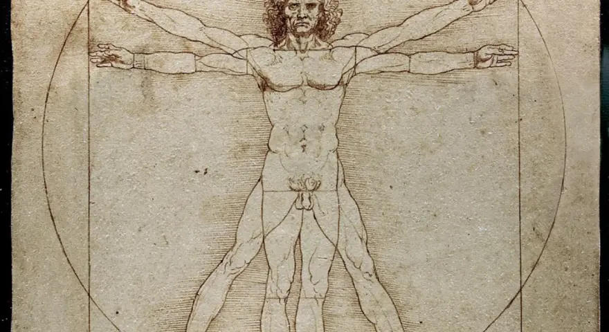 Człowiek witruwiański Leonarda da Vinci, idealne proporcje ludzkiego ciała wpisane w kwadrat i okrąg.