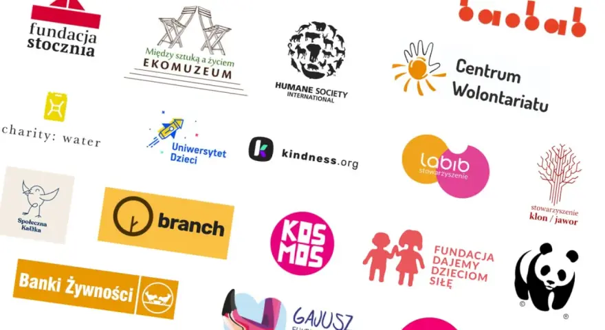 Zbiór różnorodnych logotypów organizacji pozarządowych i charytatywnych, m.in. Fundacja Stocznia, Centrum Wolontariatu, WWF.
