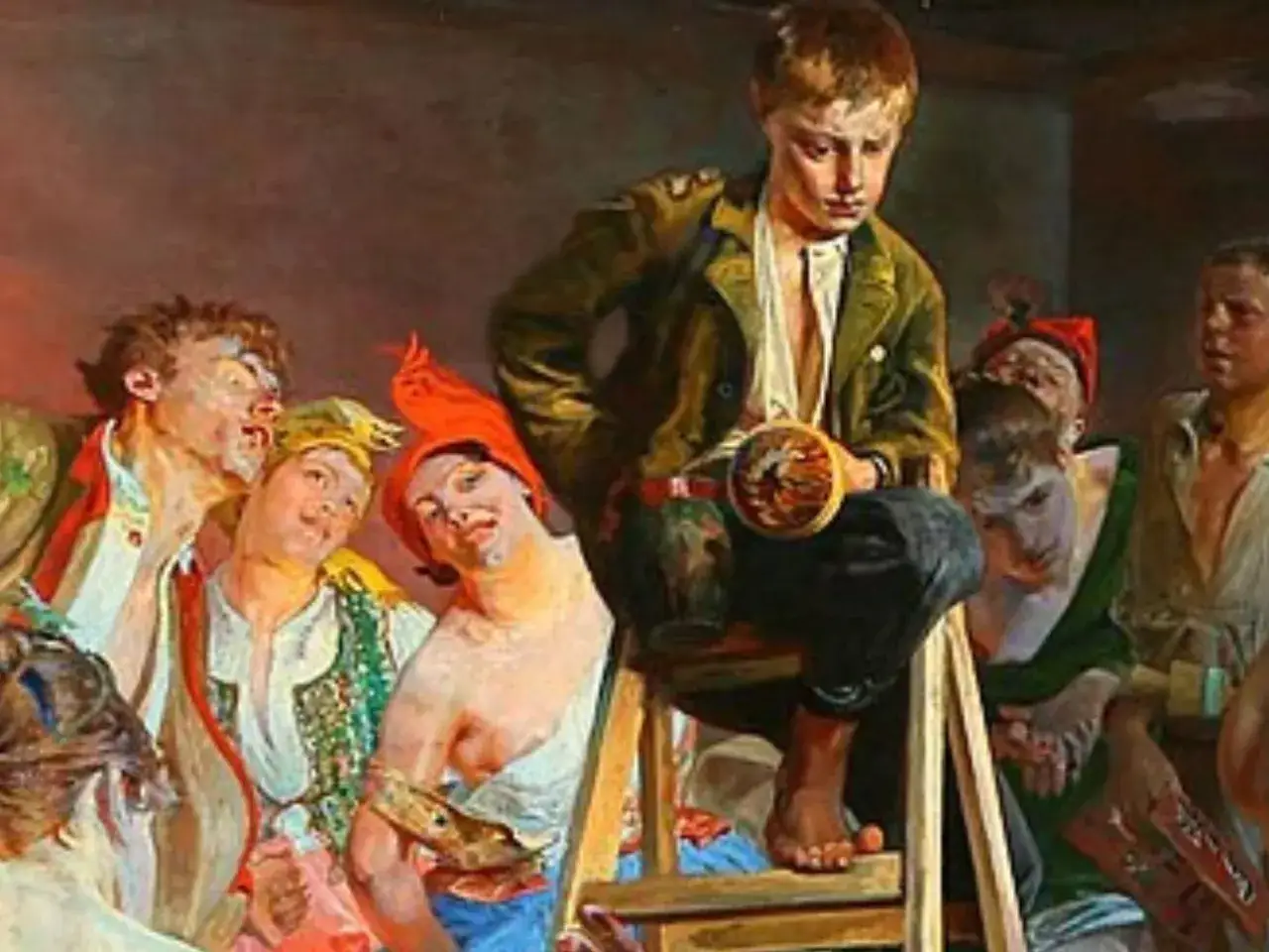 Chłopiec na drabinie trzymający bębenek, otoczony przez zgraję postaci. Jacek Malczewski 