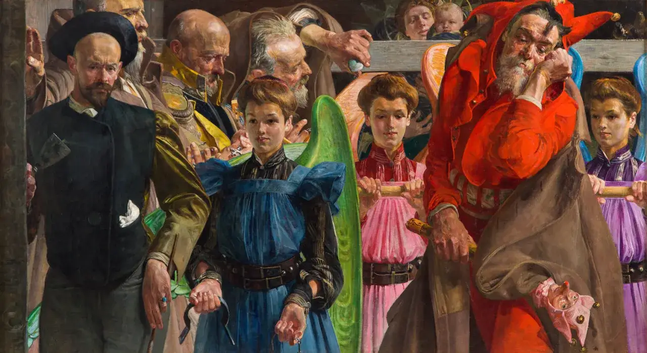 Jacek Malczewski najsłynniejsze obrazy: postacie w barwnych strojach, w tym błazen i anioły, tworzą symboliczną scenę.