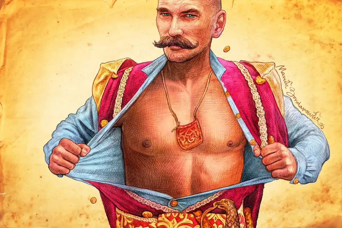 Portret wojownika, jakby z obrazu Matejki, z odsłoniętą piersią i zawieszką.
